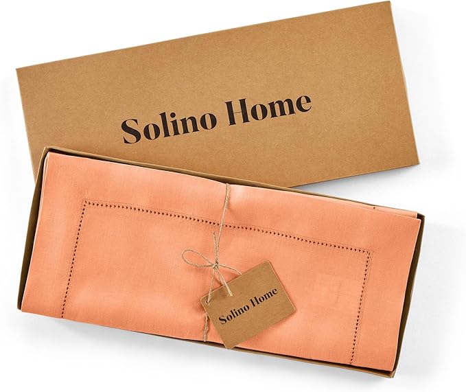 Solino Home Linen Coral Table Runner 120 Inches Long - 100% Pure Linen Hemstitch 14 x 120 Inch Table Runner for Dining - Classic Hemstitch