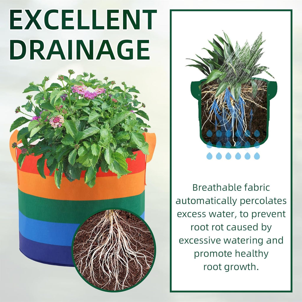 6 Pack 10 Gallon Grow Bags, Heavy Duty Thickened Colorful Nonwoven Plant Fabric Pots with Handles, Five-Color Tone Garden Plant Bags for Fruits Vegetables Flowers Herb