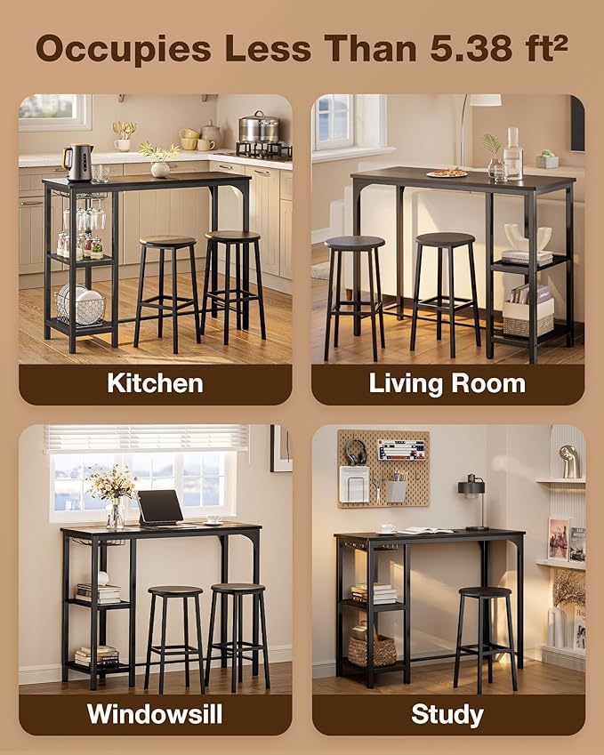 Small Bar Table Set for 2, Bar Table and Chair Set for 2, Kitchen Table for 2 with 2 Storage Shelves & Wine Glass Holder, Dining Table for Small Apartment, Dining Room, Black
