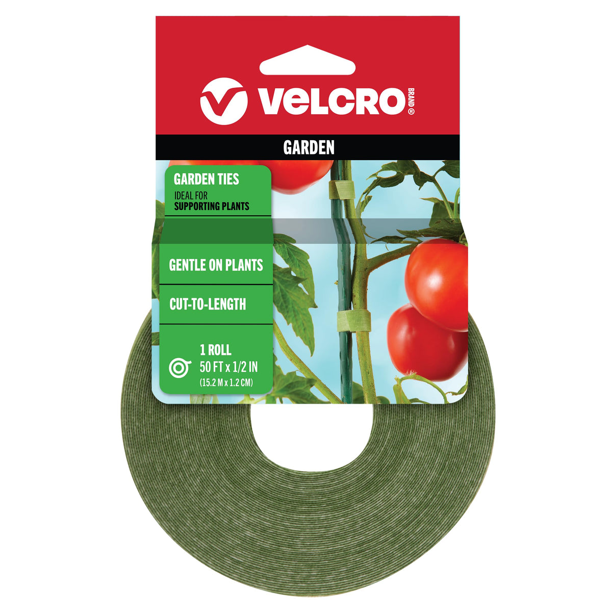 VELCRO Brand VEL-30071-USA ONE-WRAP Garden Ties | Plant Supports for Effective Growing | Strong Grips are Reusable and Adjustable | Cut-to-Length, 50 ft x 1/2 in, Green-Recycled Plastic