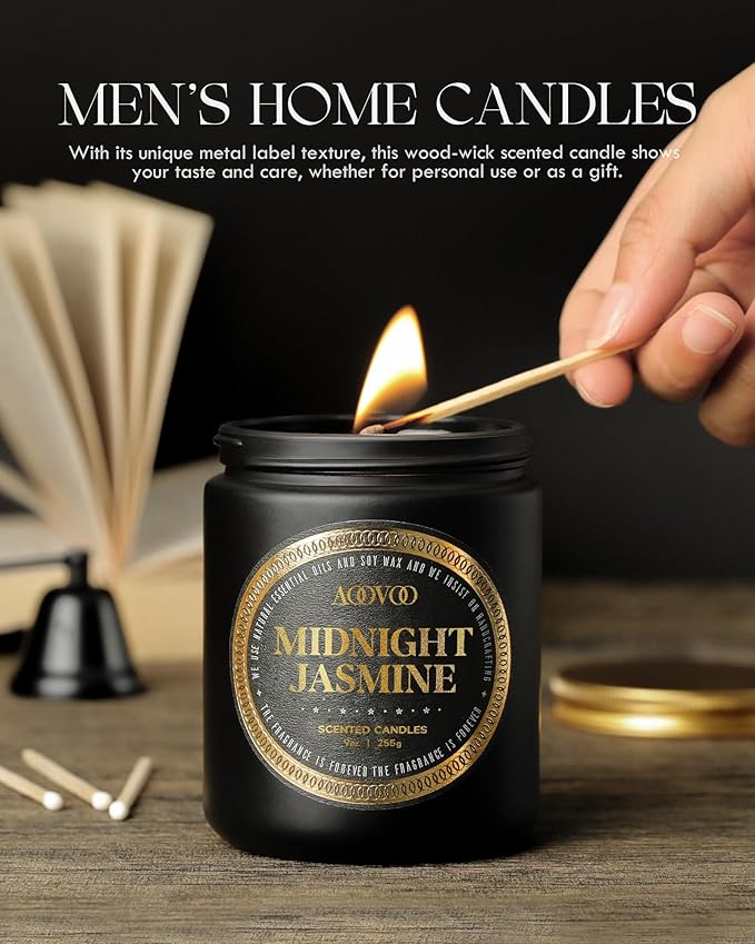 AOOVOO Scented Candles for Men - Midnight Jasmine Candles for Home Scented | Crackling Wood Wick Soy Wax| Strong Fragranced Masculine Black Gift for Women & Men, 9oz