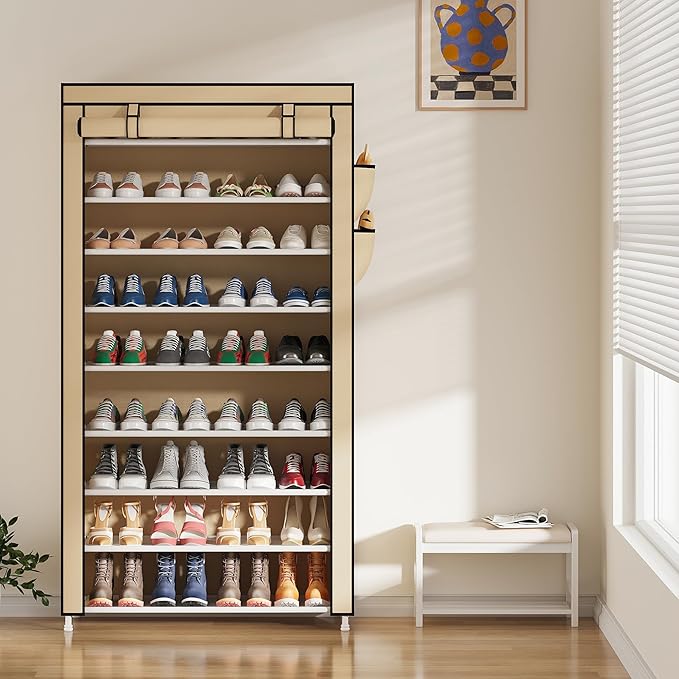 Laiensia 9-Tier Shoe Rack ，Space Saving Shoe Storage Organizer Non-Woven Cover Shoe Shelf Holds 36-45 Pairs for Bedroom, Hallway, Entryway, Beige