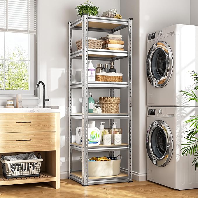 REIBII Storage Shelves 6 Tier Garage Shelving Heavy Duty Metal Shelving Loads 2250LBS Adjustable Garage Shelves for Warehouse Pantry Kitchen Closet 16" W x 16" D x 72" H, Silver
