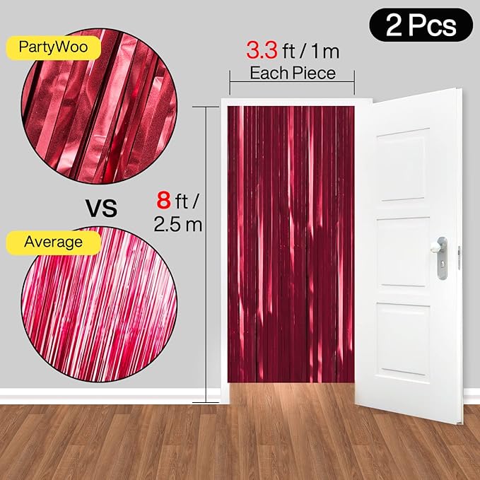 PartyWoo Red Streamers Fringe Curtain Backdrop 2pcs 8.2 ft Red Tinsel Foil Backdrop for Birthday Graduation Bachelorette Citizenship Strawberry Cherry Casino Movie Marry Me Theme Party Decorations