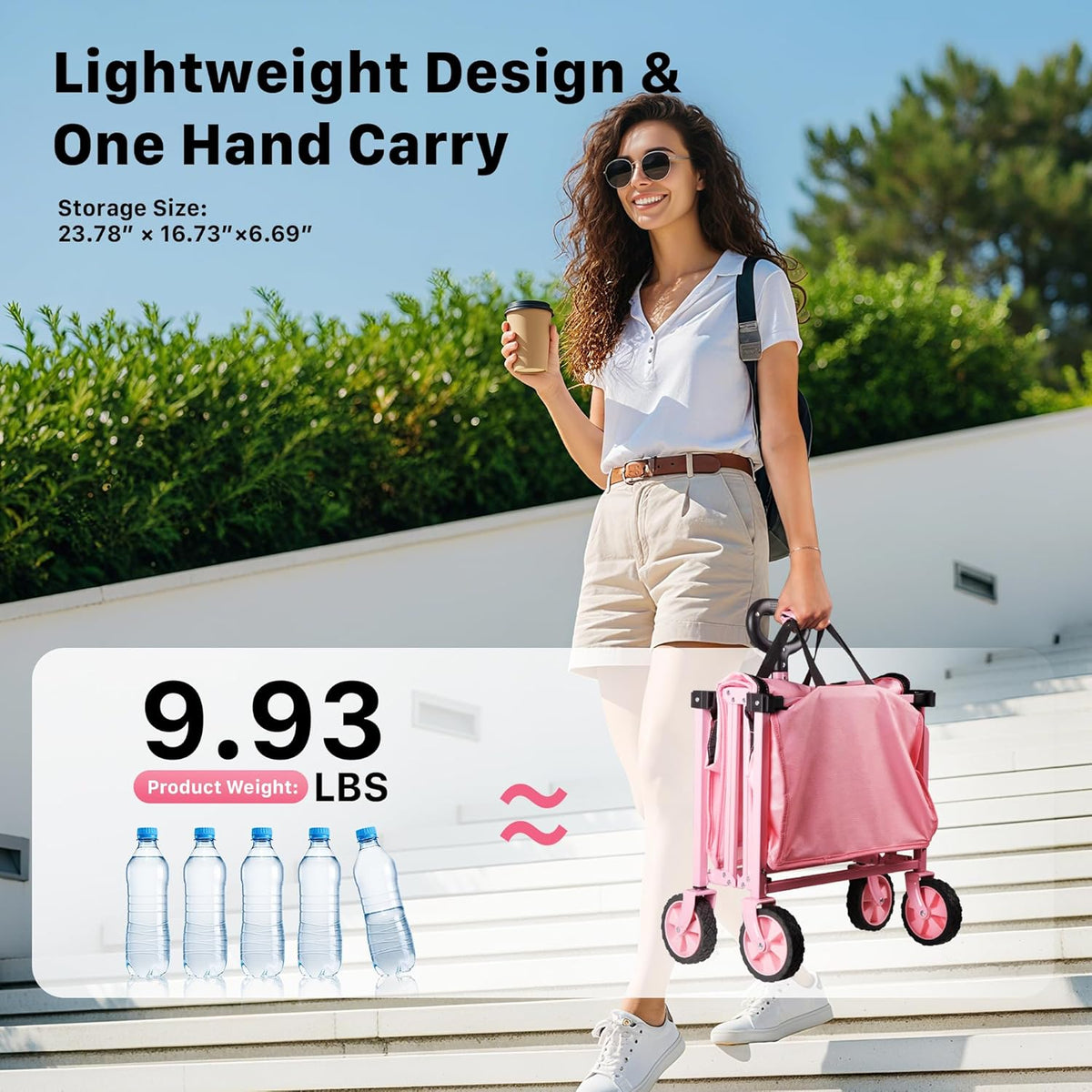 Collapsible Wagon Cart with Wheels, 150L Lightweight Foldable Utility Cart, Portable Rolling Wagon for Garden, Shopping, Sports, Camping, Transport, Pink