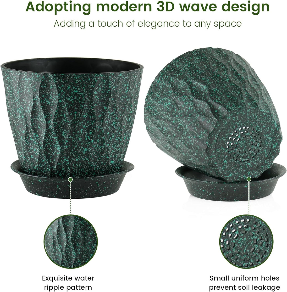 7 inch Plant Pots for Indoor Outdoor Plants, 5 Pack Thick Flower Pots with Drainage Holes and Saucers, 3D Modern Wave Texture Plastic Planter Nursery Pots, Black with Green Speckles