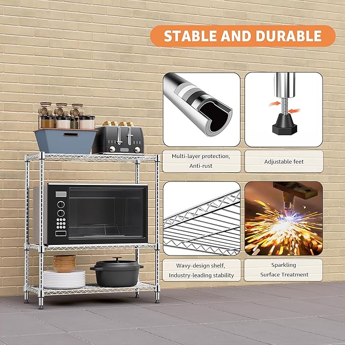 750 lbs 3 Tier Storage Rack Metal Wire Shelving Unit, Storage Standing Shelf Organizer for Laundry Bathroom Kitchen Pantry Closet Garage Basement Utility Room, Chrome 13.8" D x 29.5" W x 35.5" H