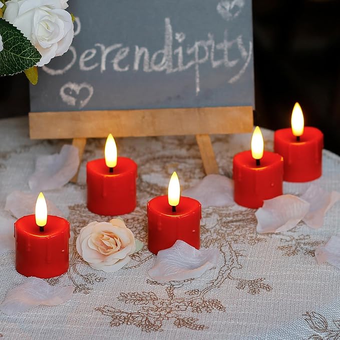 Rechargeable Flameless 1.6" x2.5" Tea Light Candles with Remote & Type-C Charging Cable, Timer LED Flickering Burgundy Plastic 9pcs Mini Dripping Wax Votive Tealight Candles
