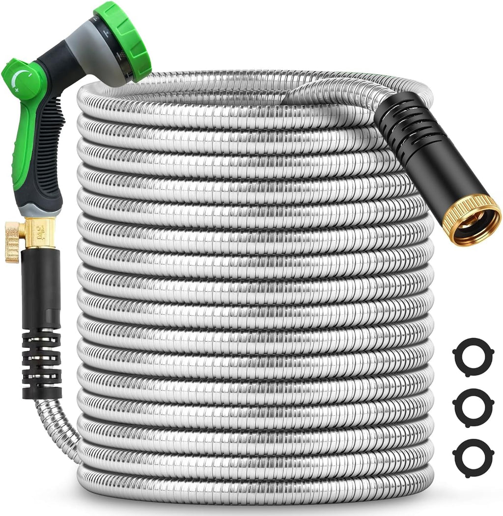 50Ft Metal Garden Hose durable stainless steel Water Hose, flexible, lightweight hose is resistant to kinks and tangles.With 10-way nozzle, strong 3/4” metal fittings, and a Stop Valve.