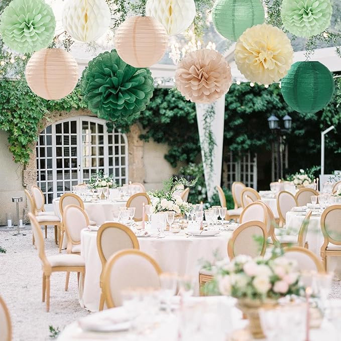 Olive-Sage Green Champagne-Gold Pink Party-Decorations - 20pcs Rustic Wedding Paper Lanterns Fans,Tissue Pom Poms,Honeycomb Balls,Bunting,Boho Bachelorette Neutral Baby Shower Decor Burgleda