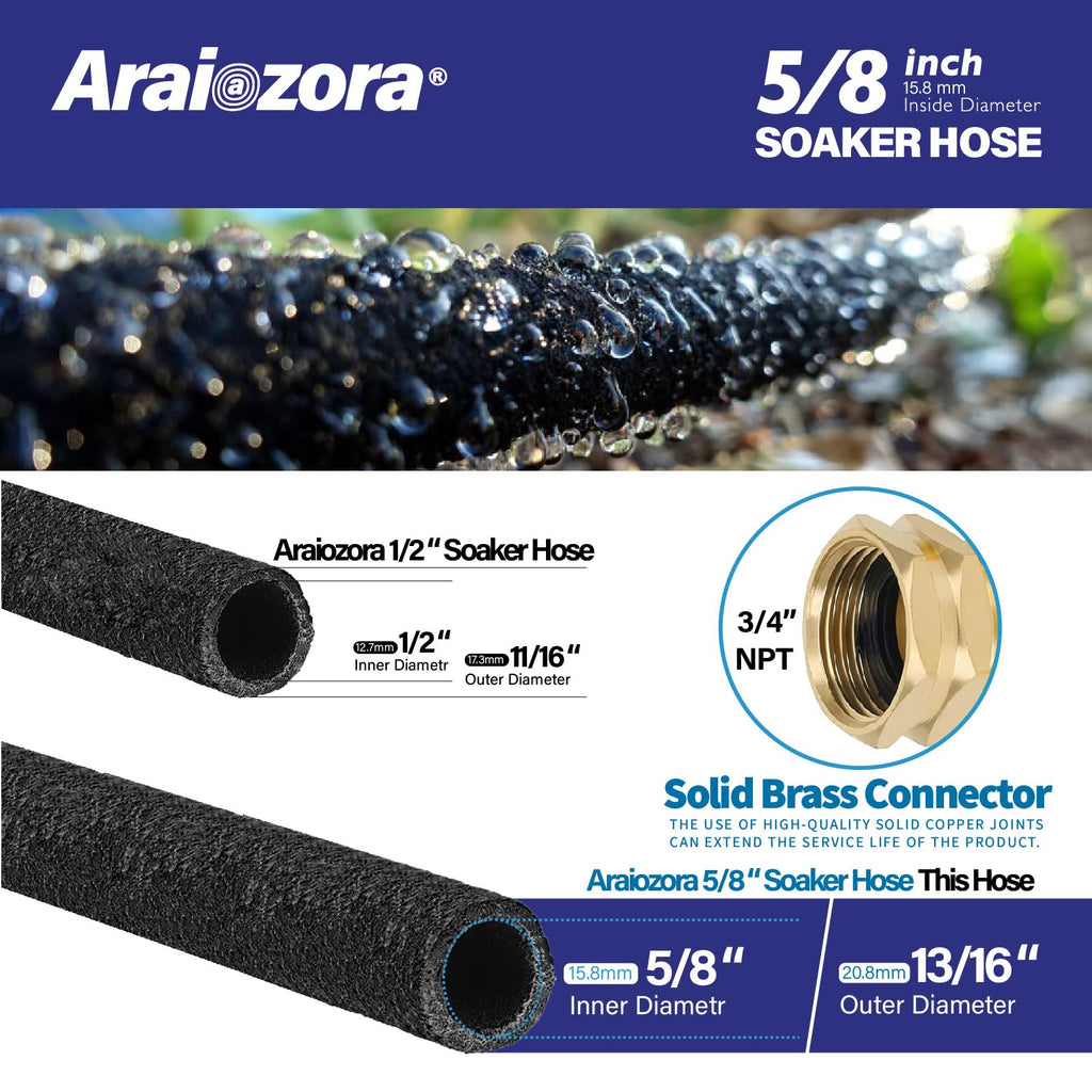 Araiozora Soaker Hose 100FT 5/8 Inch, Heavy Duty Leakproof Drip Irrigation Hose for Deep Watering Large Flower Beds, Estates & Landscaping