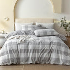 JIYUAN 100% Washed Cotton Duvet Cover Set 3 Pieces Queen, 1 Duvet Cover 90x90 Inches(Comforter Not Included) and 2 Pillowcases,Linen Feel Bedding Set Comfy and Breathable, Heathered Plaid Grey