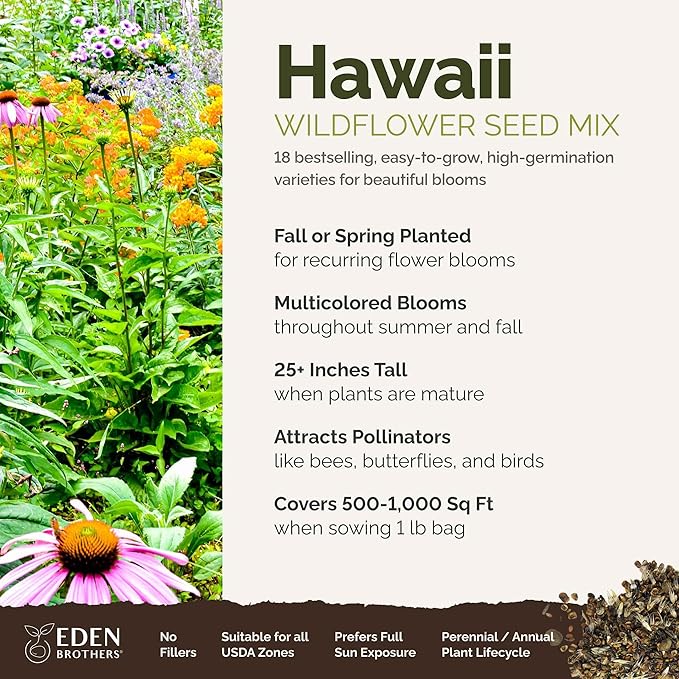 Eden Brothers Hawaii Wildflower Mixed Seeds for Planting, 1 lb, 480,000+ Seeds with Sunflower, Coneflower | Attracts Pollinators, Plant in Spring or Fall, Zones