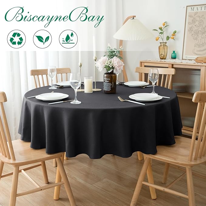 Biscaynebay Textured Fabric Round Tablecloths 60", Black Table Cloth Water Resistant Small Circle Folding Table Covers Linen Washable for Dining, Kitchen, Wedding and Parties etc