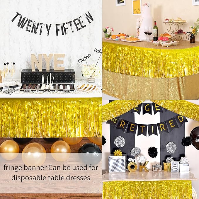 Laser Gold Christmas Decorations Tinsel Garland Parade Float Decorations for Trailer 4Pack 12FT Christmas Party Decor Ceiling Fringe Banner Gold Backdrop for Streamers Party Decorations