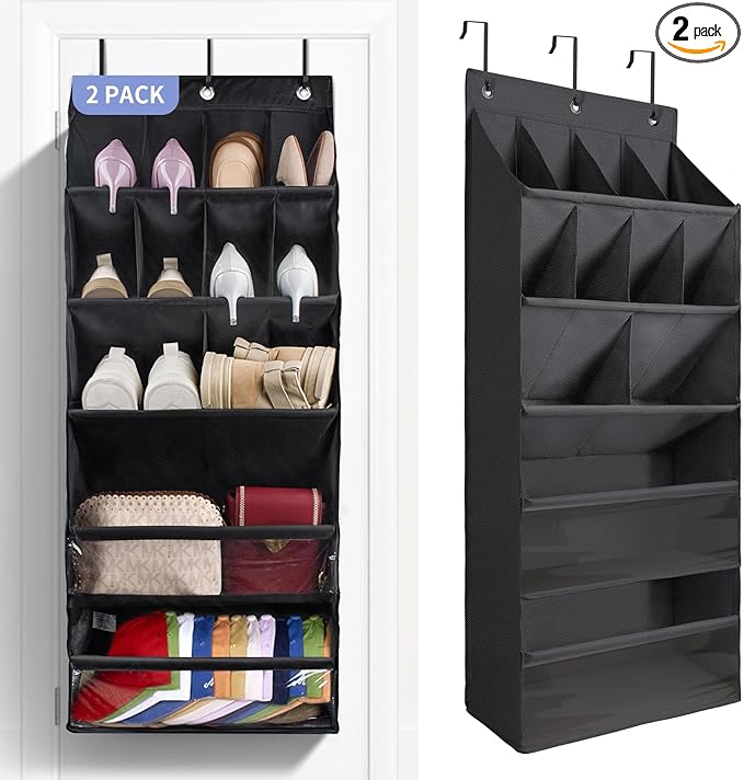 FENTEC 2 Pack Over the Door Shoe Organizer, Hanging Shoe Organizers with Large Pockets Shoe Holder Hanging Shoe Rack for Closet Shoe Organizer for Wall, Over Door Organizer with 30 Pockets, Black