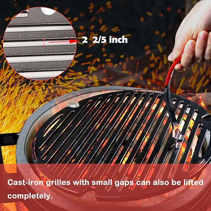 Vankey Cooking Grill Grate Lifter, Carbon Steel Grill Grate Lifter Gripper for Kamado Joe, Big Size Green Egg, Primo Charcoal Grill and Gas Grills