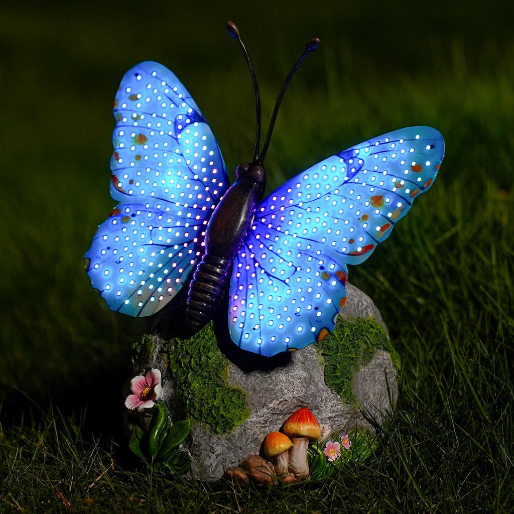 WSgift Solar Butterfly Garden Statue Weatherproof Outdoor Hand-Painted Decor Butterfly Resin Figurine Blue
