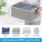 3 Pcs Large Size Wardrobe Clothes Organizers 6 Grids for Pants, Jeans, Sweater, T-shirt, Thin Coat, Dress Stackable Closet Drawer Organizer Storage Bin Container with Sturdy Handles, Grey