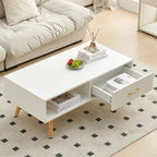 Mid Century Wooden Coffee Table with Stripe Drawer，Modern 41" Large Center Table with Storage，Rectangular White Coffee Tables for Living Room, 2-Tier Cocktail Table, Solid Wood Legs
