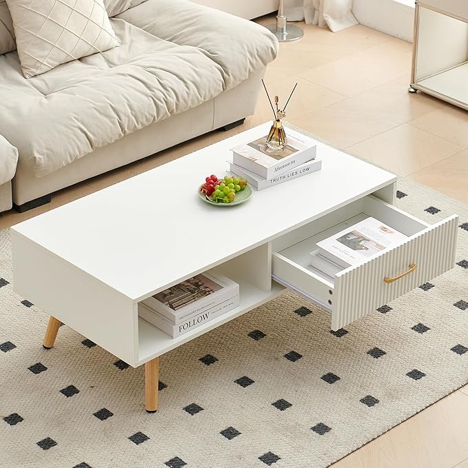 Mid Century Wooden Coffee Table with Stripe Drawer，Modern 41" Large Center Table with Storage，Rectangular White Coffee Tables for Living Room, 2-Tier Cocktail Table, Solid Wood Legs