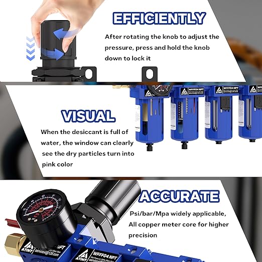 1/2 Inch NPT Air Dryer for Compressor,4 Stage Air Drying System,Brass Filter, Coalescing Filter,Double Desiccant Dryers & Air Regulator,Metal Bowl,Semi-Auto Drain,Industrial Grade(Blue)