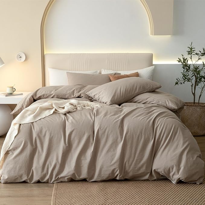 JIYUAN 100% Washed Cotton Duvet Cover Set 3 Pieces Queen, 1 Duvet Cover 90x90 Inches(Comforter Not Included) and 2 Pillowcases,Linen Feel Bedding Set Comfy and Breathable, Heathered Warm Taupe