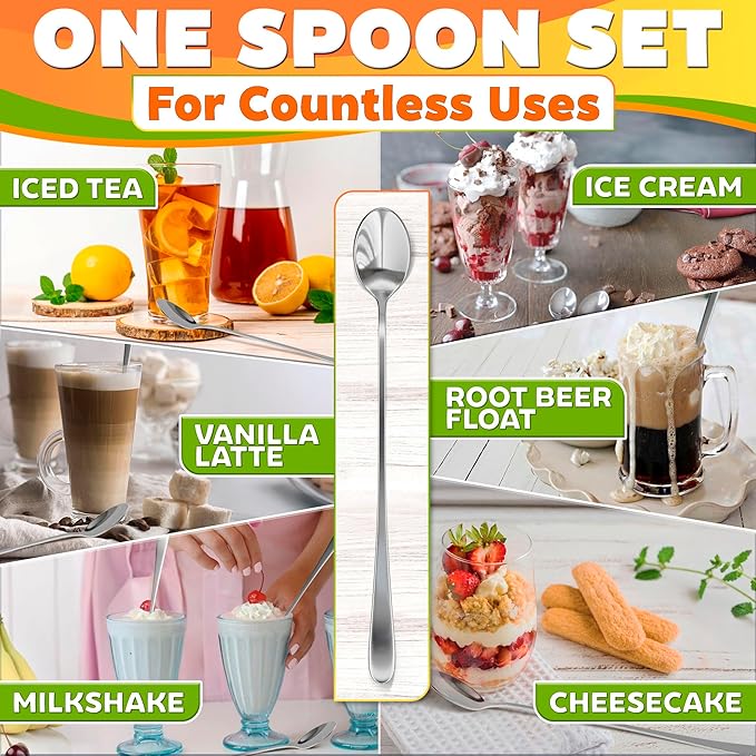 Ice Tea Spoons Long Stainless Steel Set of 8 – 9″ Iced Tea Spoons Long Handle with Classic Elegant Design – Rust-Resistant & Dishwasher Safe | For Milkshakes, Cocktails, Desserts & Tall Glass Drinks