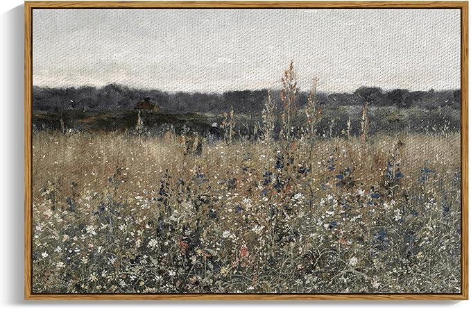 InSimSea Framed Canvas Wall Art, Landscape Art, Meadow with Flowers, Modern Farmhouse Decor, Cottagecore Bedroom Bathroom Office Decor, 24"x36"