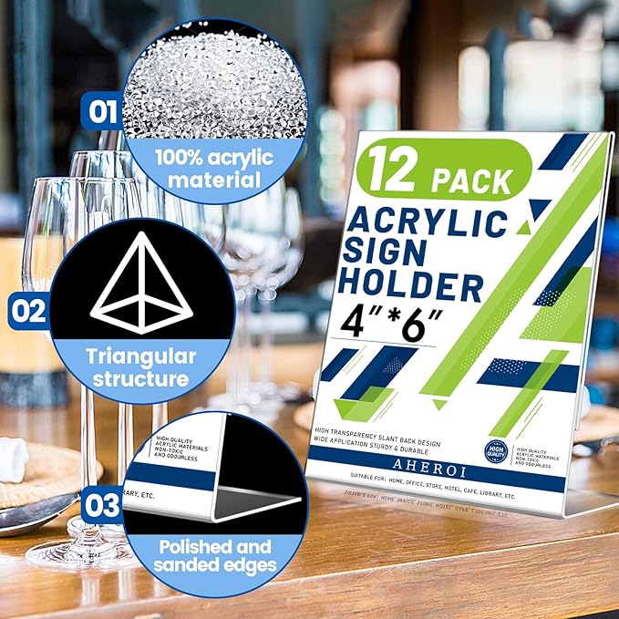 Aheroi 12Pcs Acrylic Sign Holder, 4x6 Clear Sign holders Paper Stand, L-shape Table Sign Holders Plastic Sign Holder Standing, Paper Display Stand for Menu Document Holder Office Desktop