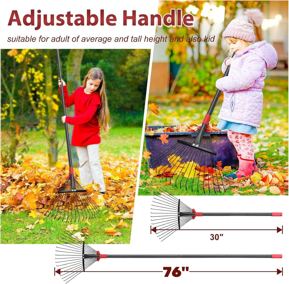 76 Inch Rake for Leaves, Adjustable 18 Metal Tines with Expandable Head Garden Rakes for Lawns Heavy Duty Metal Rake for Leaves Yard Gardening Grass Outdoor Debris