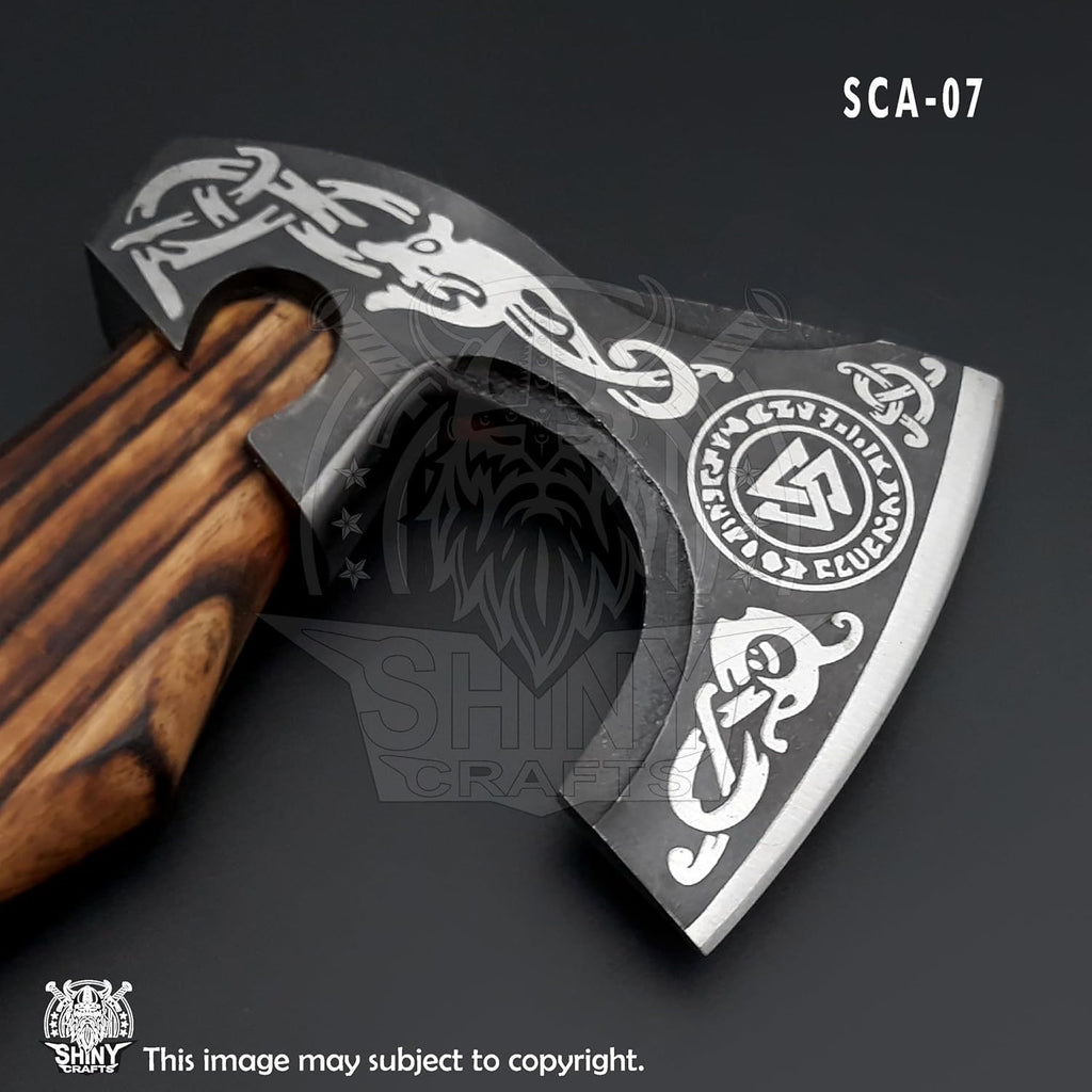 SHINY CRAFTS® Handcrafted Decorative Viking Axe with Leather-Wrapped Handle & Sheath – Engraved Blade – Ceremonial Collectible Gift for Men, Warriors, History Buffs, Cosplay & Display (VBA-07)