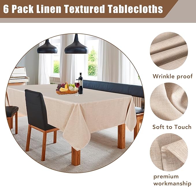 Fitable Faux Linen Beige Tablecloths for Rectangle Tables - 90 x 132 Inch - 6 Pack Fabric Textured Washable Table Clothes Floor Lenghth Table Covers for Wedding, Party, Banquet, Birthday