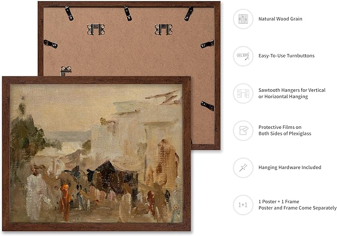 Poster Master Vintage The Bazaar Painting Poster - Retro Street in Udaipur Print - India Art - Cityscape Art - Farmhouse Art - Abstract Art - Office or Living Room Wall Decor, 16x20 Brown Framed