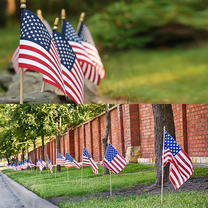 100pcs Small American Flags on Stick, Handheld 8 x 12 Inchs Mini American Flags with Kid-Safe Golden Spear Top, US Flags for 4th of July Decorations Outdoor, Independence Day Decorations