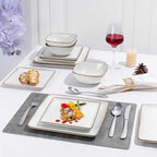 Herogo 12 Pieces Square Stoneware Dinnerware Dishes Set for 4, Handmade Dining Plates and Bowls Sets, Double Reactive Glaze, Microwave & Dishwasher Safe, Scratch Resistant, Ivory White