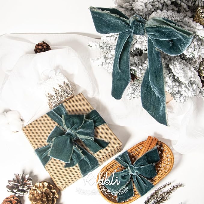 Ribbli Dusty Green Velvet Ribbon 1.5 Inch Handmade Frayed Vintage Steel Blue Christmas Ribbon for Gift Wrapping Christmas Tree Ornament Wreath Craft Home Decor -Total 3 Yards with Wooden Spool