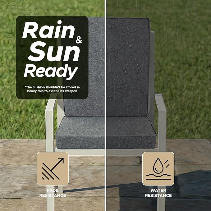 Outdoor Chair Cushions, Water-Resistant & Fade-Resistant, Patio Furniture Lawn Dining Chair Seat Replacement with Mid Back, Ties Zipper, Removable Cover, 18 x 16.5 Inch, Set of 4, Dark Grey
