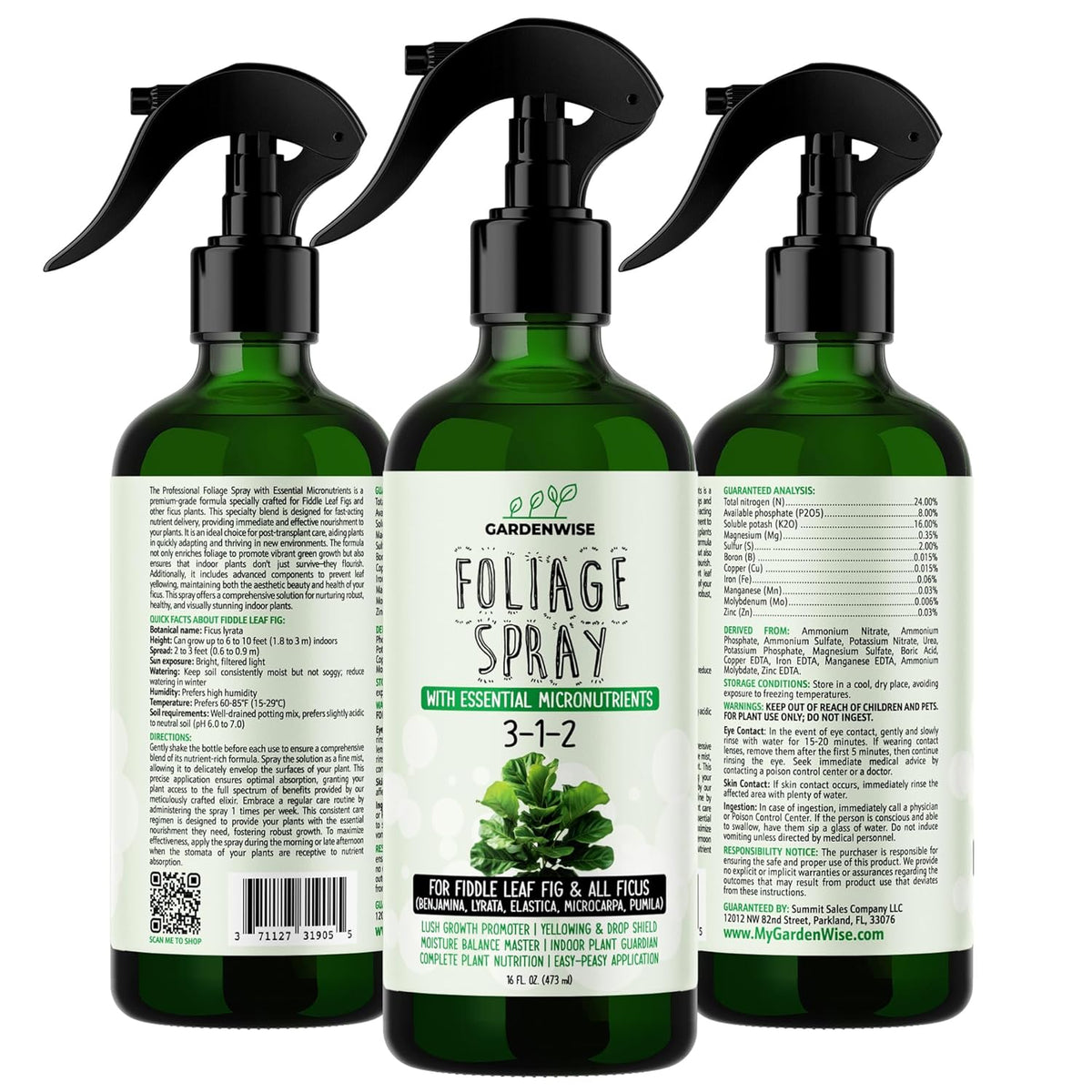 3-1-2 Fiddle Leaf Fig Foliar Spray - Plant Shine & Fertilizer - Premium Spray for Indoor Plants with Essential Nutrients - Fiddle Leaf Fig Plant Food & Fertilizer - Ready-to-Use (16 OZ)