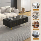 Modern Coffee Table with Storage with 2 Big Drawers, Black Rectangle Coffee Table for Living Room, Wooden Fluted Table Accent Tea Table for Living Room Apartment Small Space