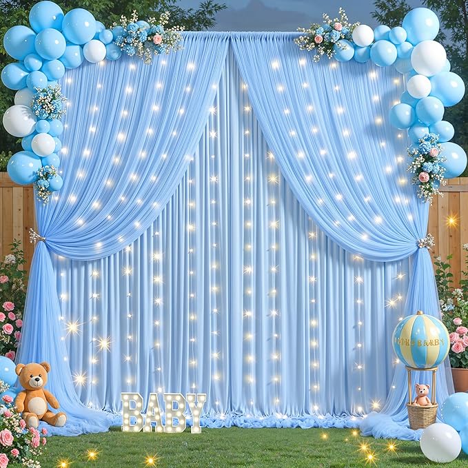 Baby Blue Tulle Backdrop Curtain for Parties Wedding,10ft x 10ft Wrinkle Free Curtain Backdrop,2 Layer Drapes for Backdrop,Polyester Back Drop for Bridal Shower Birthday Baby Shower Photography