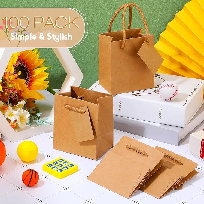 Sherr 100 Pack Mini Gift Bags Bulk, 4 x 2.75 x 4.5 Inches Paper Bags with Tags, Extra Small Paper Gift Boxes with Handles for Birthday, Party Favors, Weddings, Small Business(Brown)