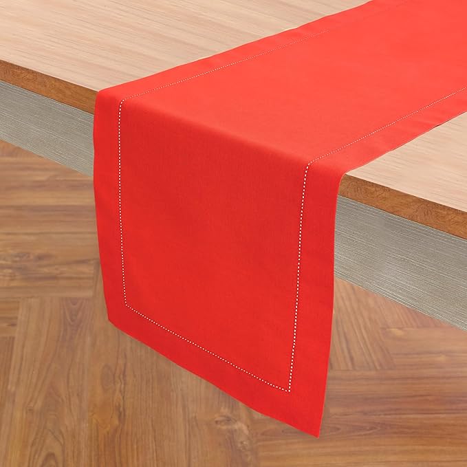 Solino Home Cotton Linen Table Runner 48 Inches - Poppy Red Hemstitch Table Runner 14 x 48 Inch Ideal for Dresser and Coffee Tables - Halloween