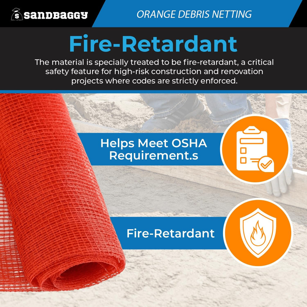 Sandbaggy Fire Resistant Debris & Safety Netting | Orange Construction HDPE Mesh (2, 4 ft x 150 ft)