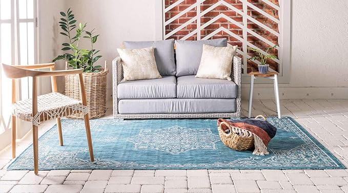 Unique Loom Outdoor Traditional Collection Area Rug - Antique (7' 1" x 10' Rectangle, Teal/ Gray)
