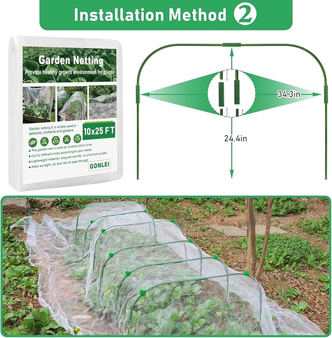 GonLei 10x25FT Garden Mesh Netting Kit Raised Beds (6 Pcs Garden Hoops & 18 Clips) Garden Hoops Plant Row Covers Netting Protection Berry Bush Trees Grass Seed Barrier Net