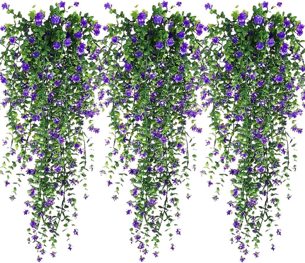 Artificial Hanging Flowers, 3 Pcs Fake Hanging Plants Artificial Vines for Outdoors, Fake Ivy Vine UV Resistant No Fade Faux Plants for Indoor Outside Garden Patio Yard Greenery Decoration (Purple)