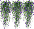 Artificial Hanging Flowers, 3 Pcs Fake Hanging Plants Artificial Vines for Outdoors, Fake Ivy Vine UV Resistant No Fade Faux Plants for Indoor Outside Garden Patio Yard Greenery Decoration (Purple)
