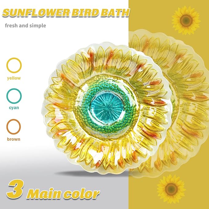 MUMTOP Bird Baths for Outdoors,Outdoor Bird Bath, Glass Birdbath Sunflower Bird Feeders Bowl with Stake for Garden Yard Decor (Yellow)