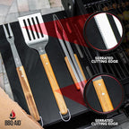 3 Piece BBQ Grilling Accessories Set - BBQ Tongs Spatula Fork Set - Heavy Duty Stainless Steel Barbecue Grill Tools with Solid Hard Wood Handles Great Gift Set
